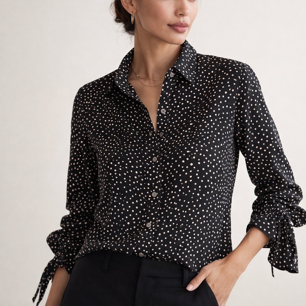 Banana Republic Black Polka Dot Silk-Blend Button-Down